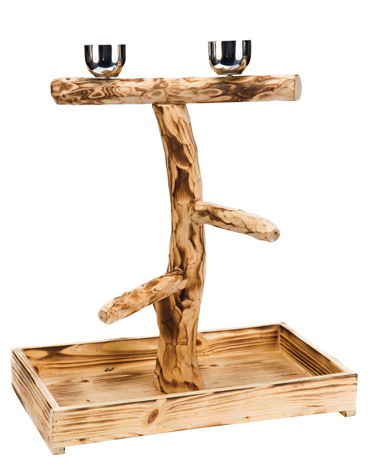 PENN-PLAX Bird-Life Natural Wood Tree Perch for Large Birds and Parrots – Includes Food and Water Bowls and Drop Tray – 
