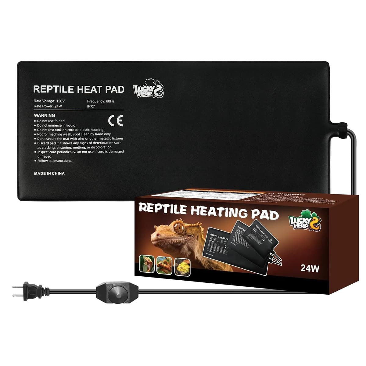 LUCKY HERP Reptile Heat Pad 8x18 Inch 24w, Under Tank Terrarium Heating Pad with Adjust Knob, Reptile Heat Mat for Turtl