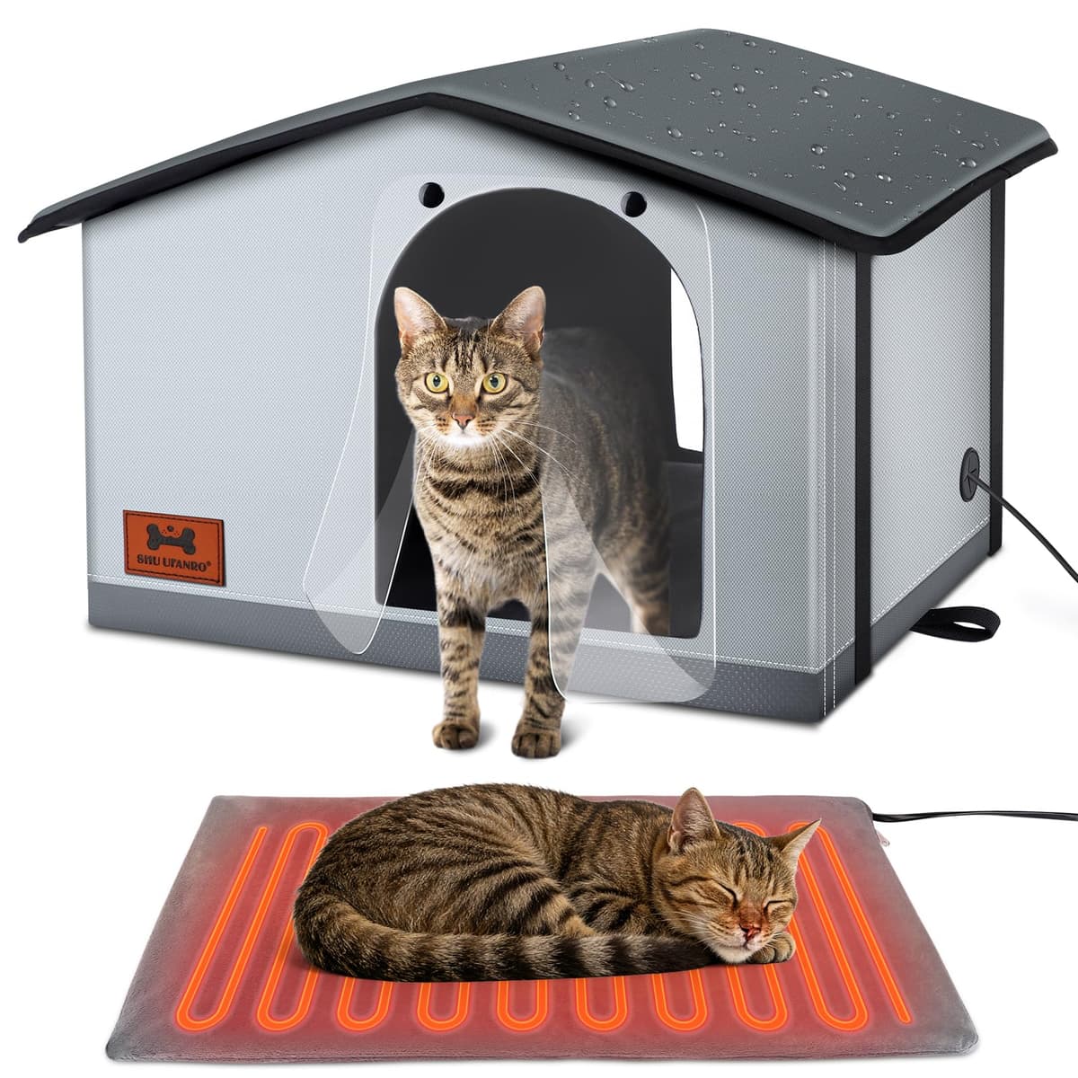 SHU UFANRO Insulated Heated Cat House Indoor/Outdoor, Weatherproof Cat House with Heated Pad for Winter, Outside Shelter