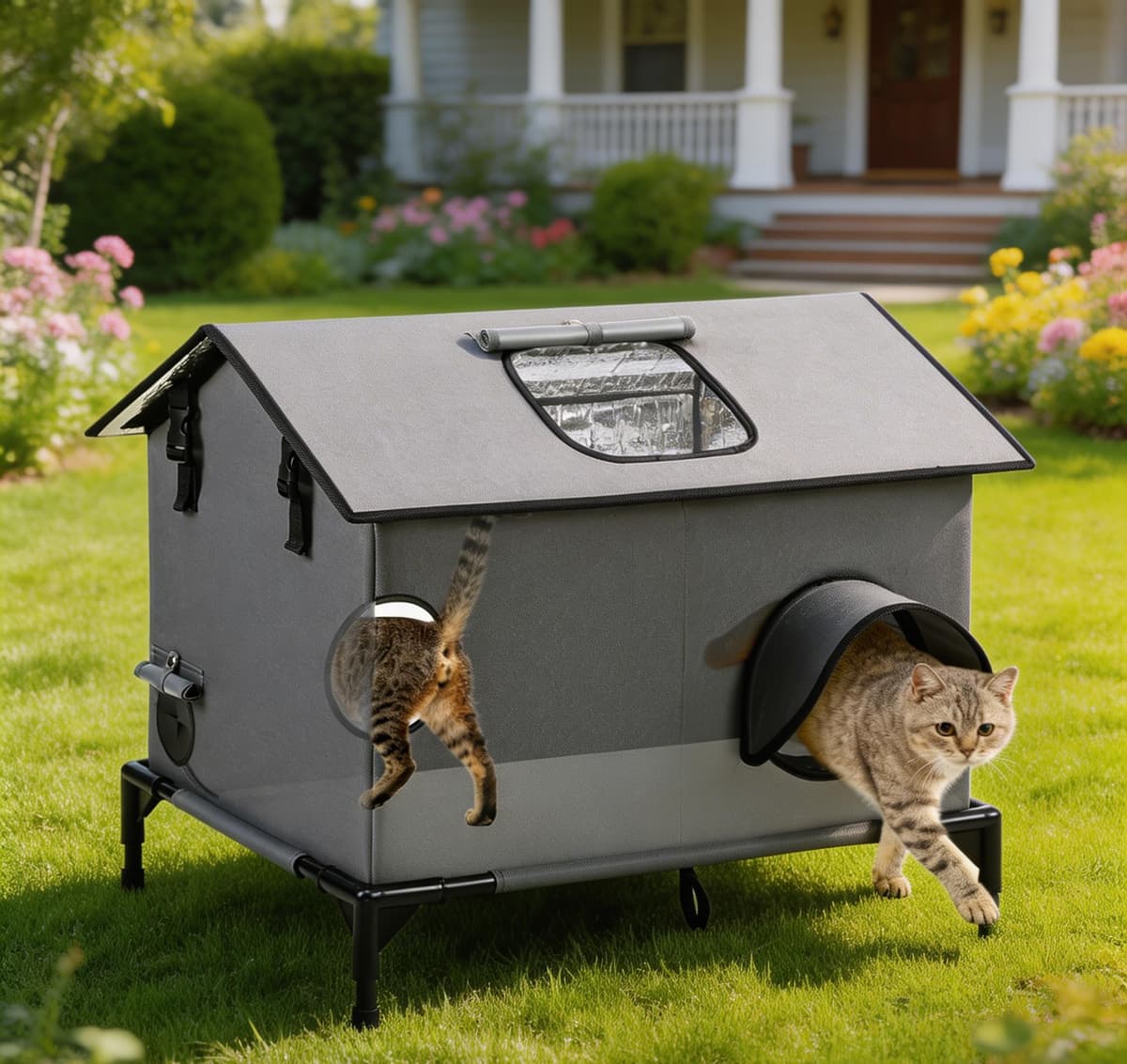 Extra Large Outdoor Cat House, Weatherproof Insulated Indoor Outside Multi-Cat House with Escape Door & Elevated Base, W